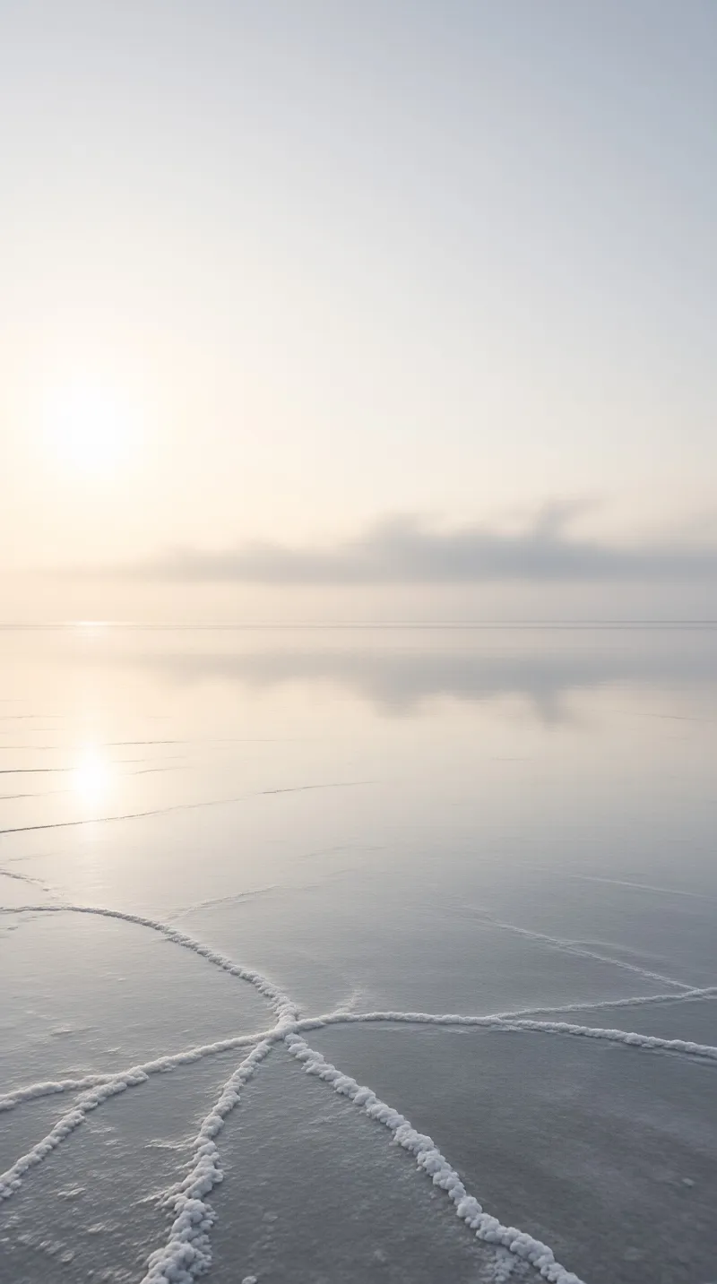 White salt ridges create geometric shapes on a vast flat landscape while mirroring pale blue and pink dawn hues.