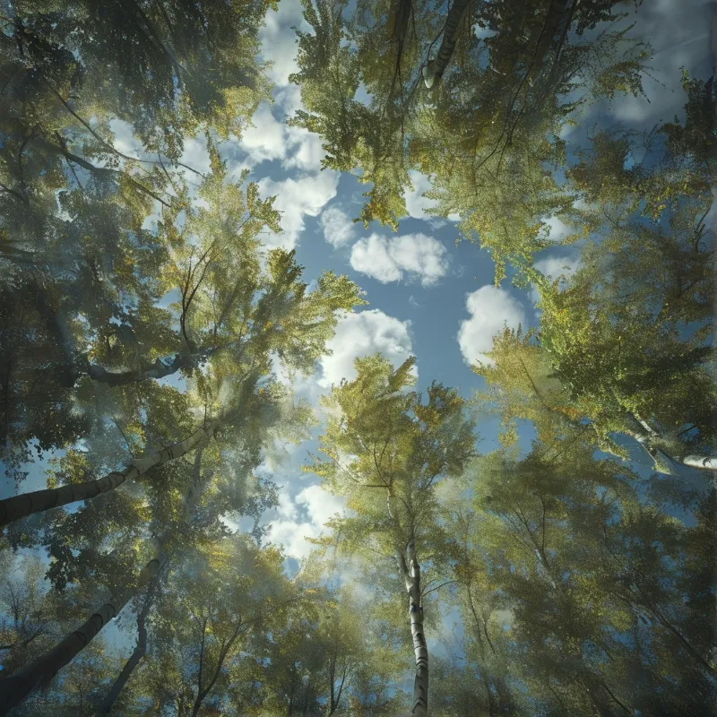 A low angle view of tall white birch trees reaching towards a bright blue sky with scattered clouds and sunlight.