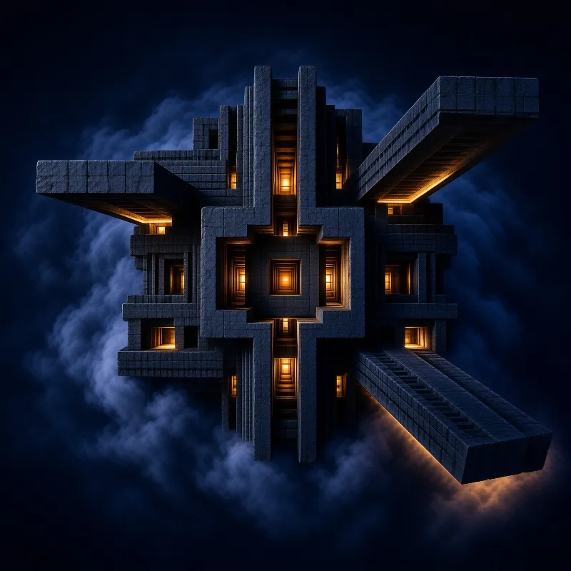 Dark geometric stone structure floating above dark blue clouds with warm orange lights glowing inside its central recesses