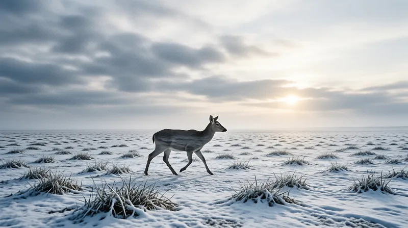 A single deer strides across a flat snow-covered plain dotted with grass tufts under a cloudy sky with low sunlight.