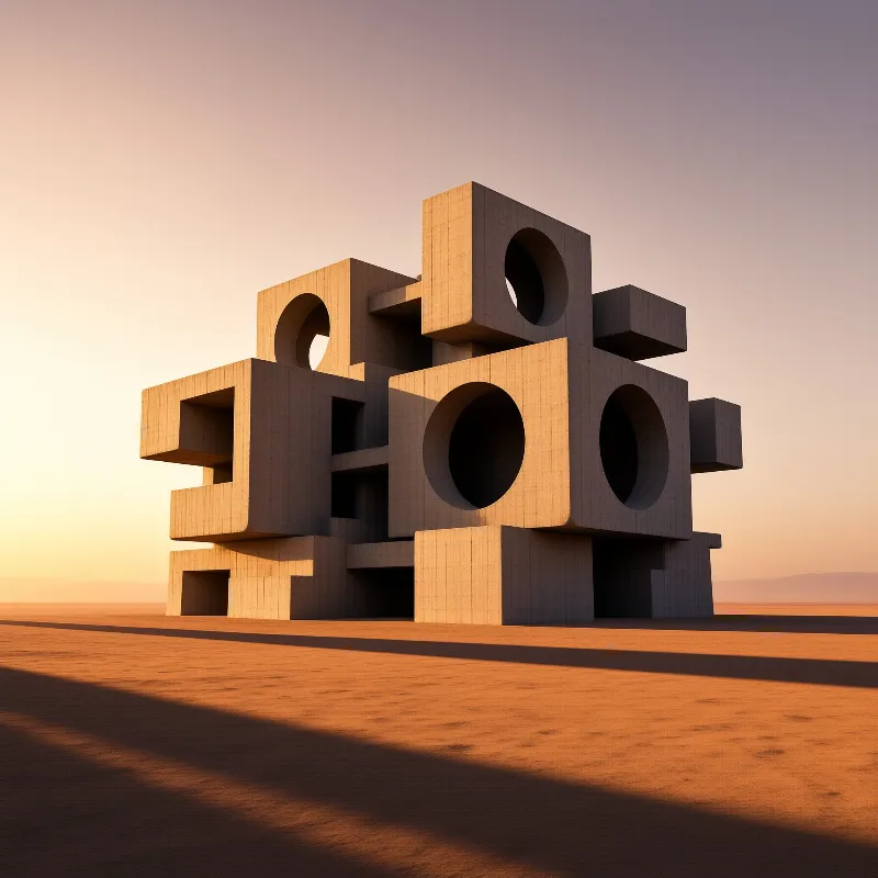 Stacked perforated blocks of pale concrete cast long shadows across sand under a soft dusk gradient sky.