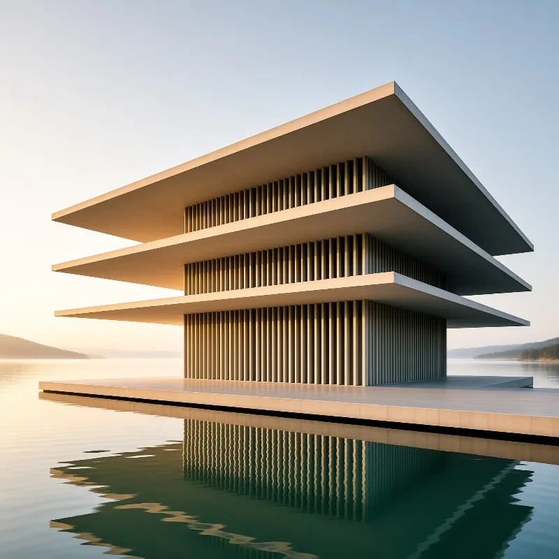 Thin roof plates and vertical slat screens form a lakeside house reflected in calm teal water at sunset.