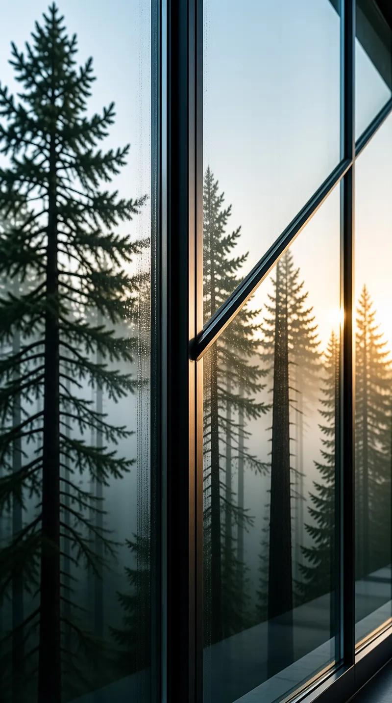 Large window frame overlooking a misty pine forest with warm sunlight hitting the right side.