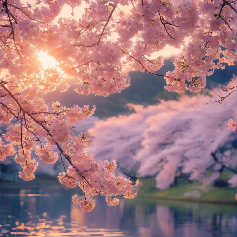 Cherry Blossom Lakeside Landscape