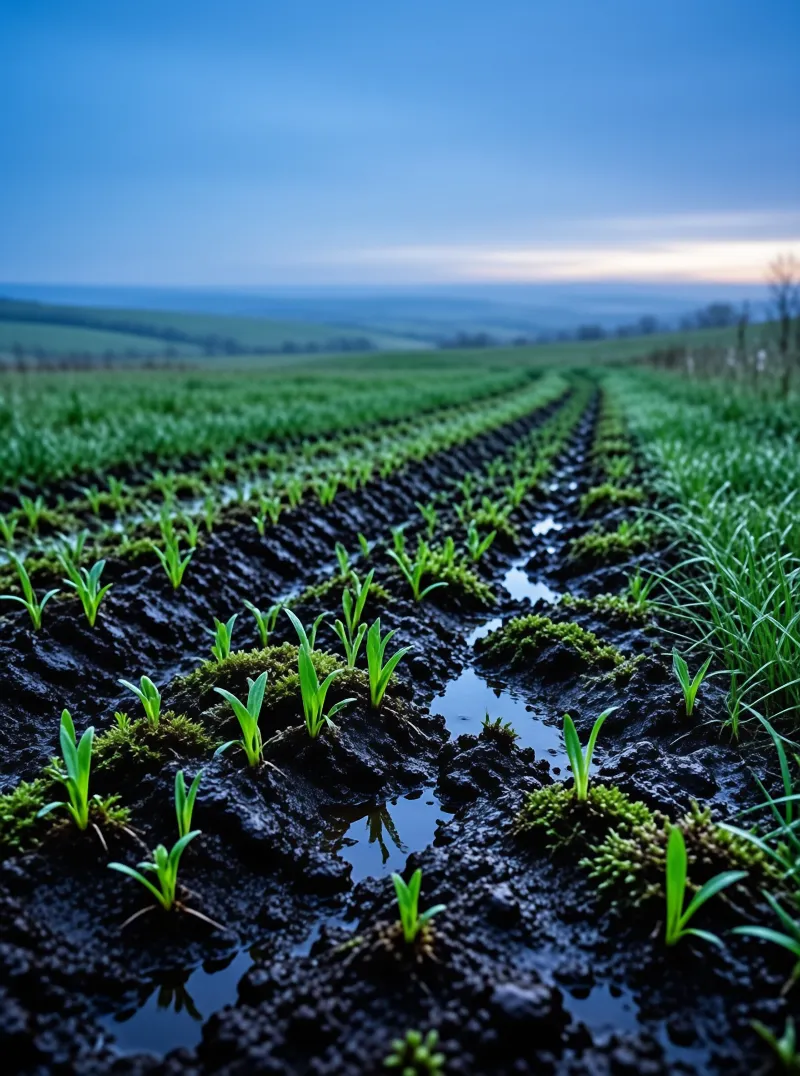Rows of tiny green shoots rise from glossy mud between puddles under a dusky blue farmland sky.
