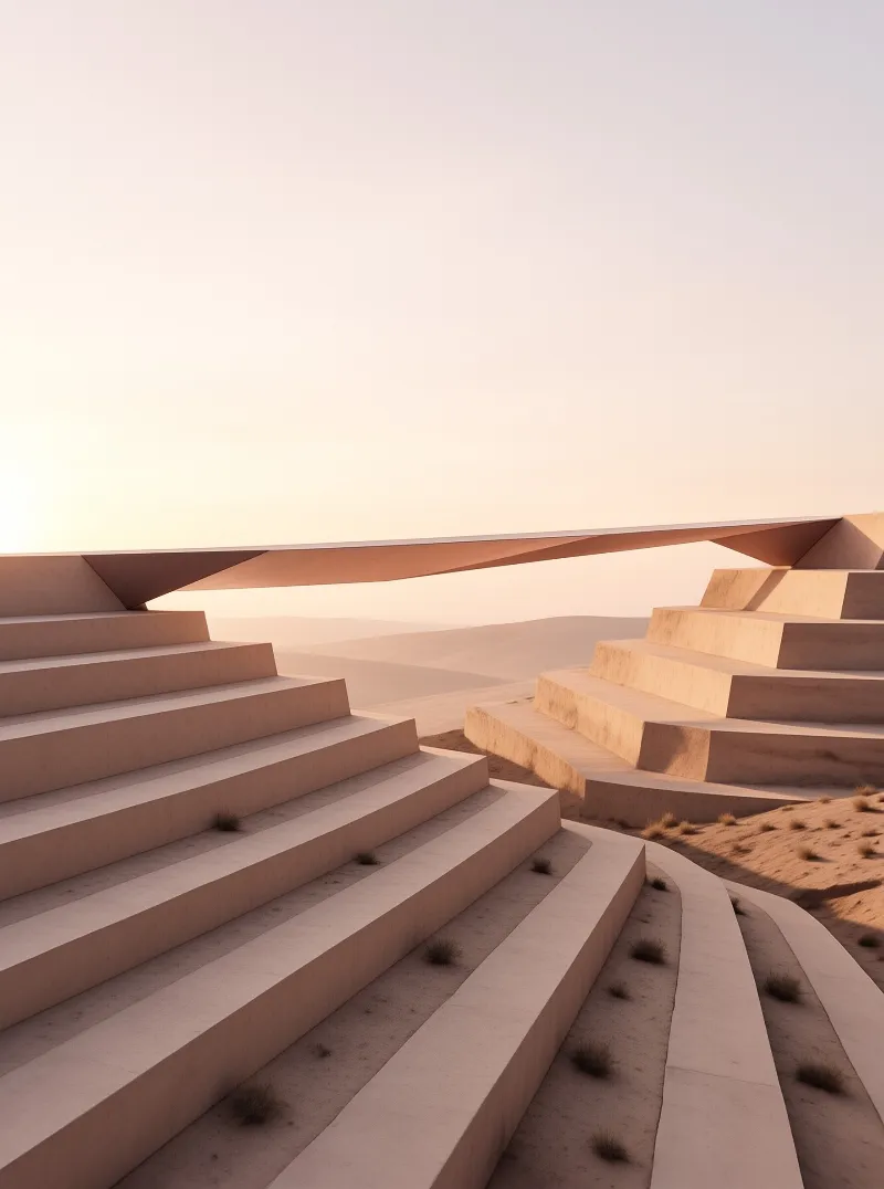 A massive terraced concrete building rises above a desert landscape while warm sunlight highlights its sharp geometric edges.