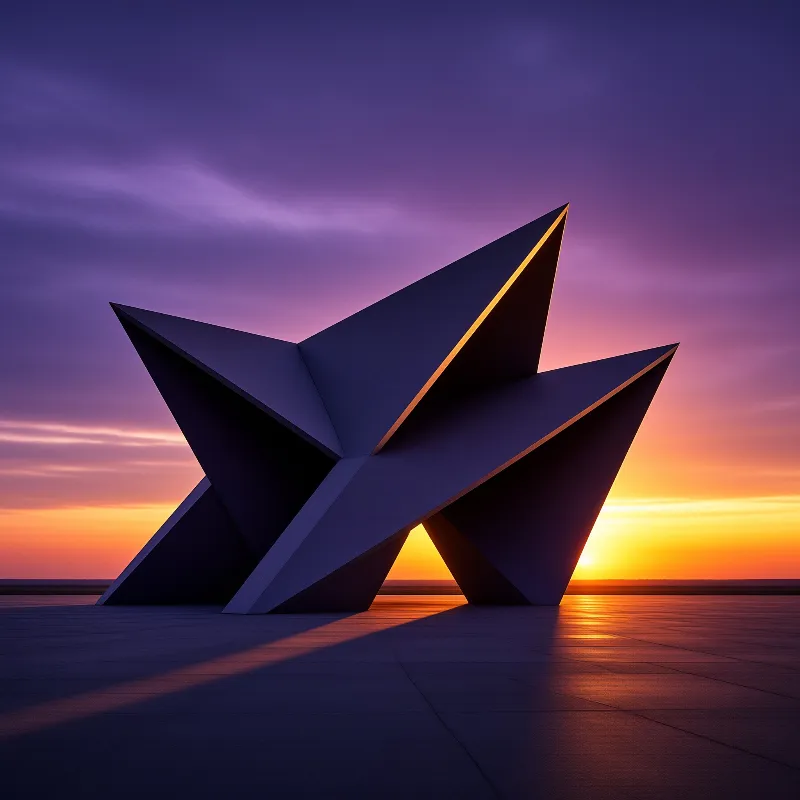 A dark geometric sculpture stands on a paved plaza against a vibrant purple and orange sunset sky casting long shadows.