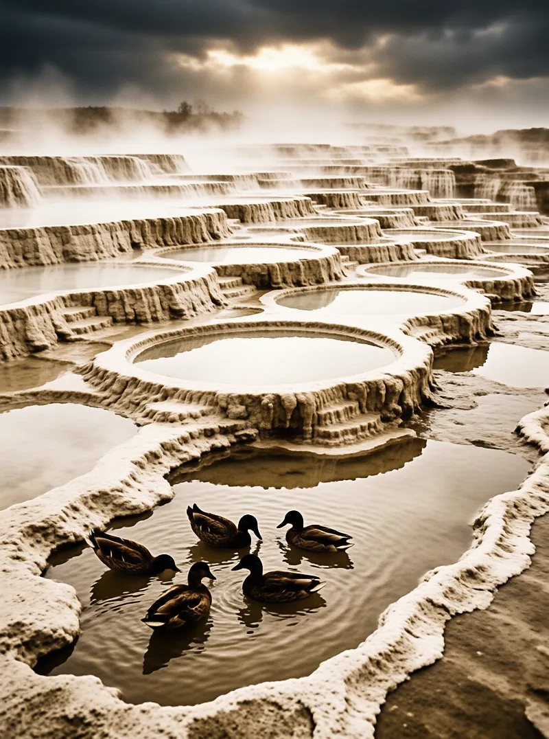 Five ducks swim in a foreground pool while layered mineral terraces extend into misty background beneath dramatic clouds.