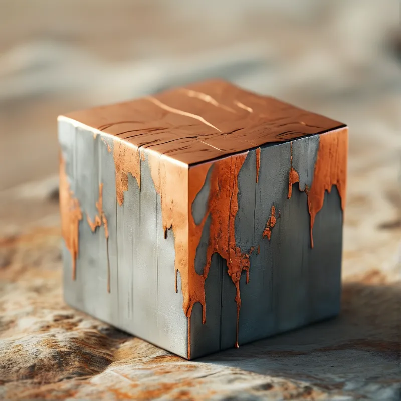 A brushed metal cube displays a shiny copper top melting down its sides onto a rough stone surface with soft lighting.