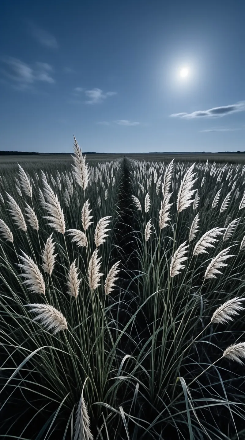 Tall grass plumes stand in a vast field under a deep blue sky with a bright moon shining above the horizon.