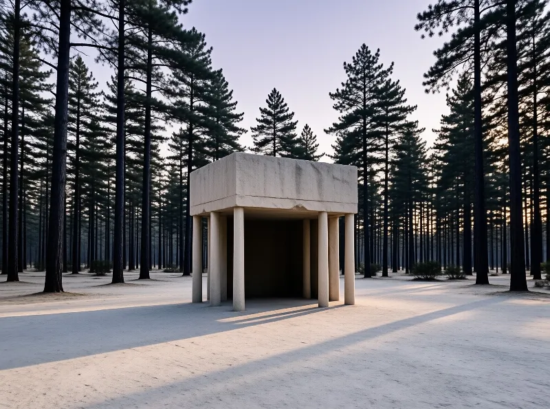 A concrete shelter with columns stands in a sandy clearing surrounded by tall pine trees under soft morning light.
