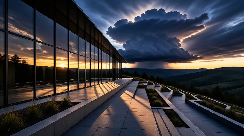 A long glazed building wall mirrors the golden sunset while a dark storm cloud gathers over rolling hills