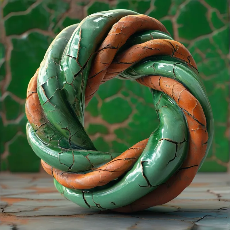 This interlaced glossy two toned ring has dark surface cracks, sitting on a stone floor against a matching fissured green tiled wall with even soft light.