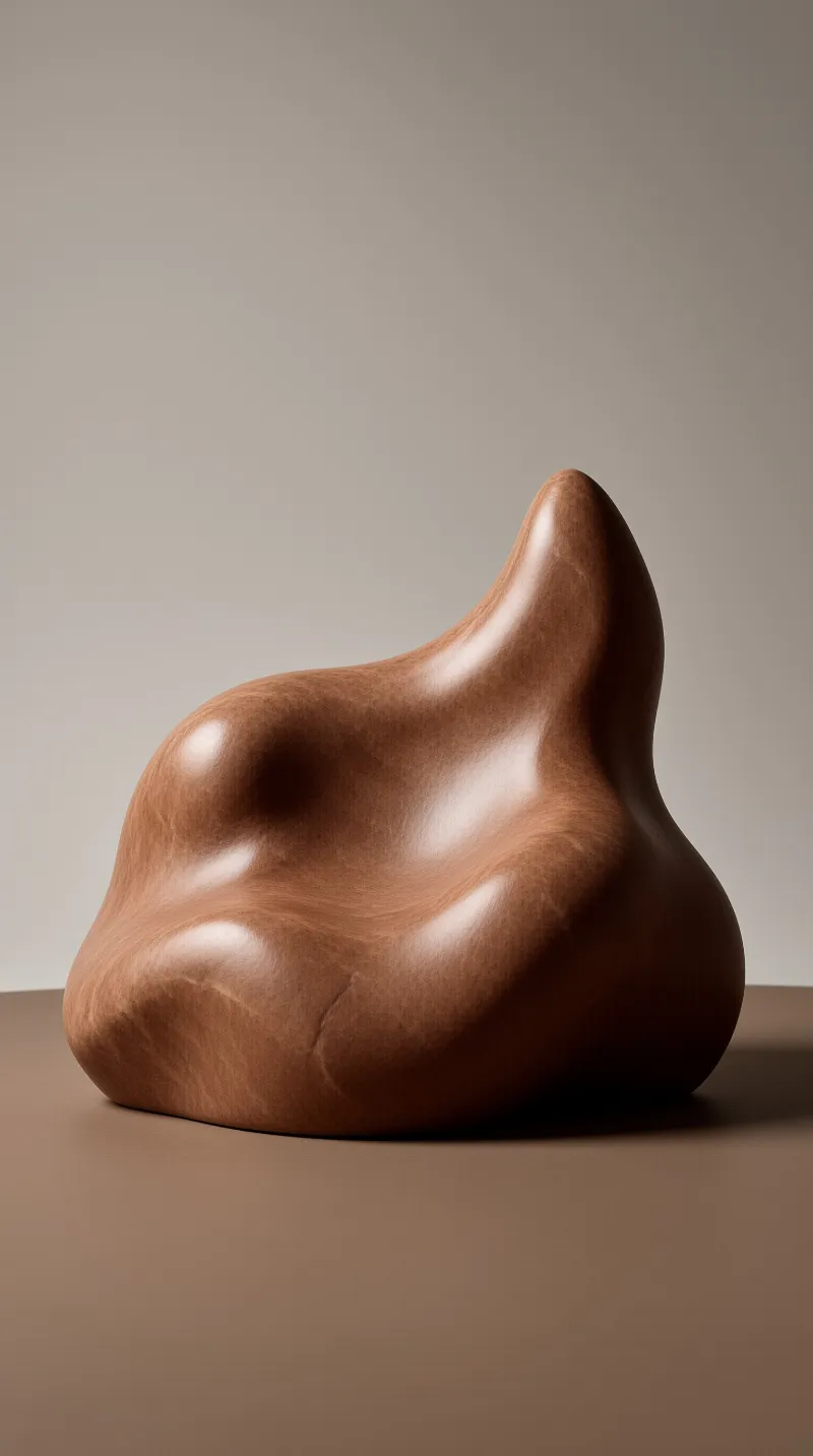 A smooth brown form rests on a plain surface with soft lighting highlighting its curves and subtle texture.