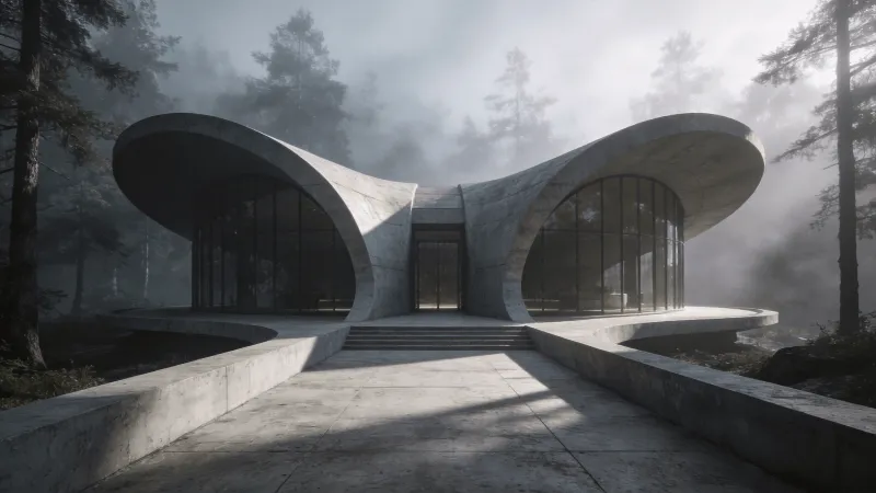 Pavilion with Curved Concrete — Misty Forest