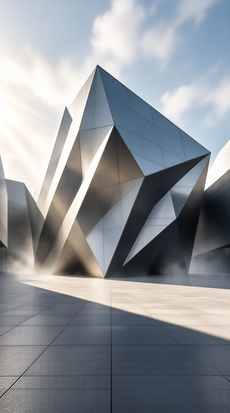 A sharply angled stainless steel building rises like a gem, catching sunbeams above a misty tiled plaza.
