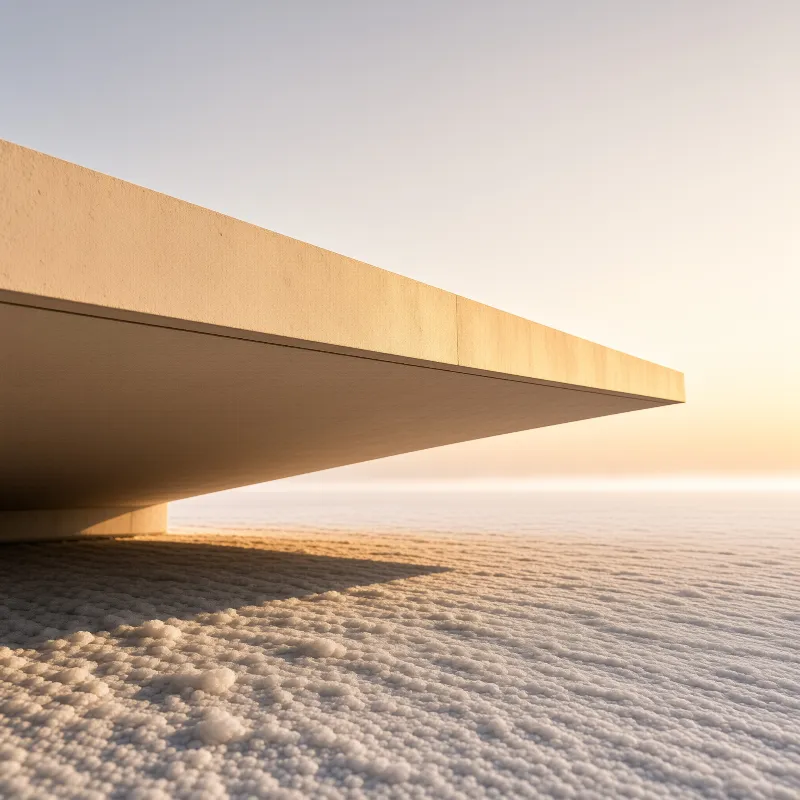 A massive concrete slab extends above rolling sunset clouds, casting a wedge of shadow across their cottony tops.