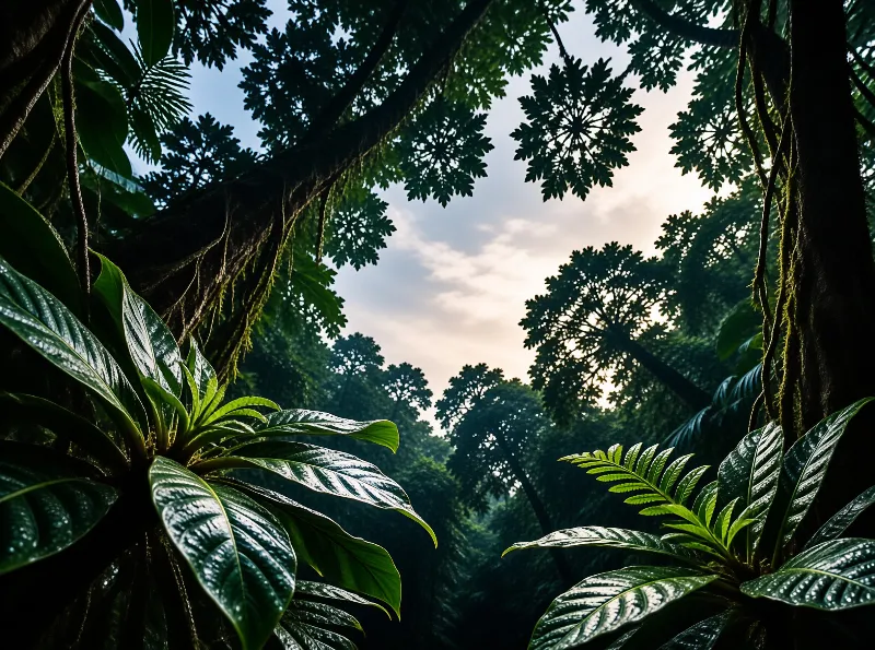 Broad green leaves frame the view of tall trees reaching up toward a bright sky.