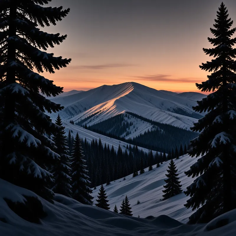 Snow-covered mountains bathed in warm orange light at sunset with dark evergreen trees in the foreground