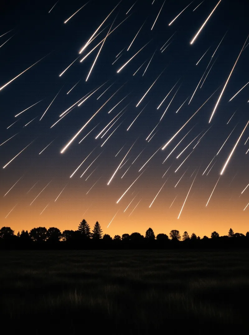 Bright meteor streaks cross a deep blue night sky above an orange glowing horizon and dark tree silhouettes.