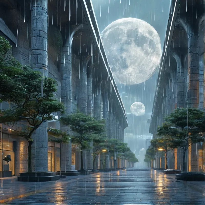A wet stone street lined with arches reflects warm lights beneath massive moons.