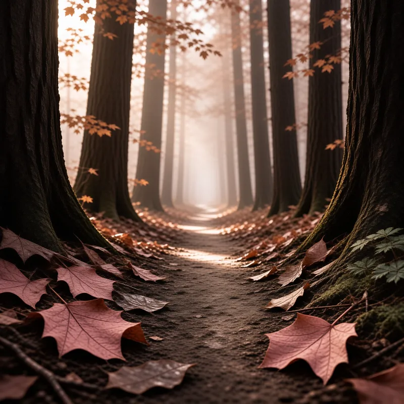 Tall trees frame a dirt path covered in red leaves as soft light filters through the mist in the distance.