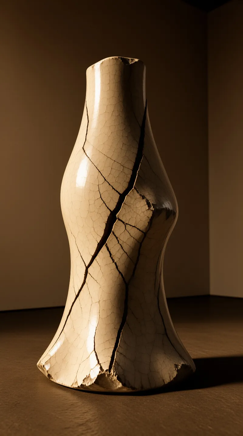 A beige ceramic vase with extensive dark cracks stands against a brown background illuminated by warm side lighting.