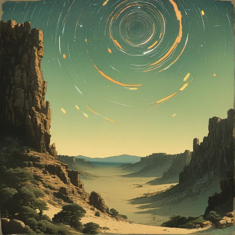A rocky desert canyon opens up beneath a greenish teal sky displaying concentric rings of long exposure star trails.