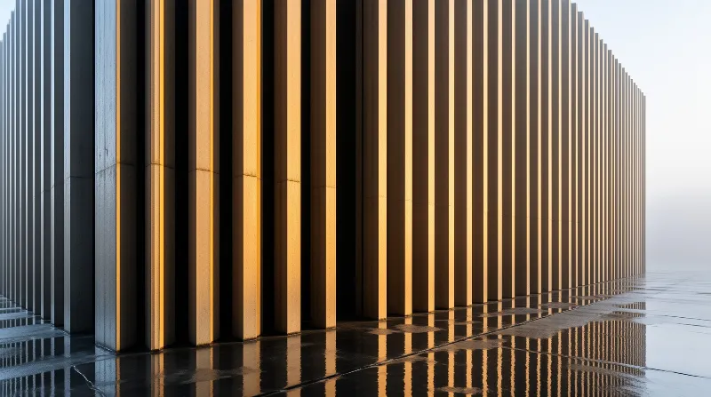 A rhythmic concrete wall structure reflects on damp pavement under warm directional light.