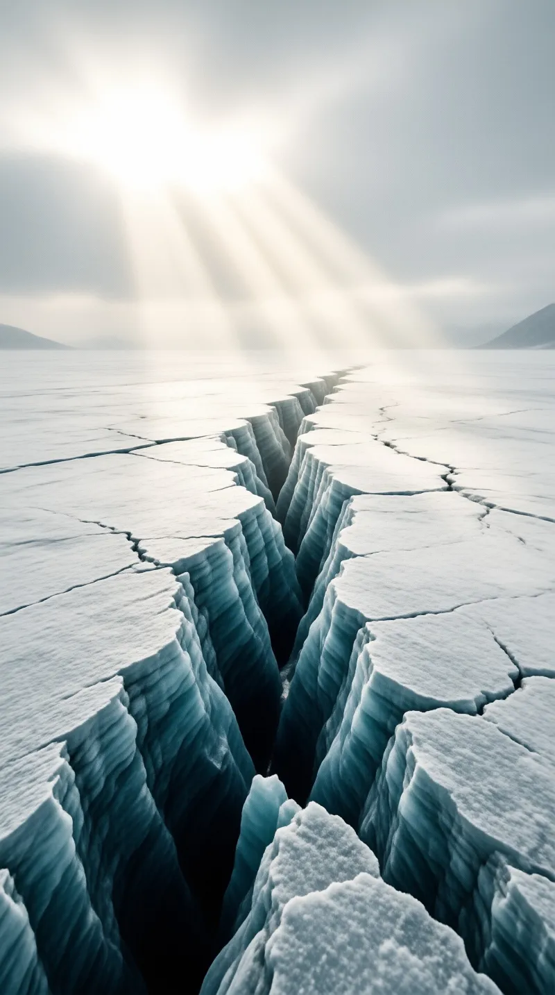 A deep jagged crack runs toward the horizon through pale ice as bright rays break through overcast polar sky.