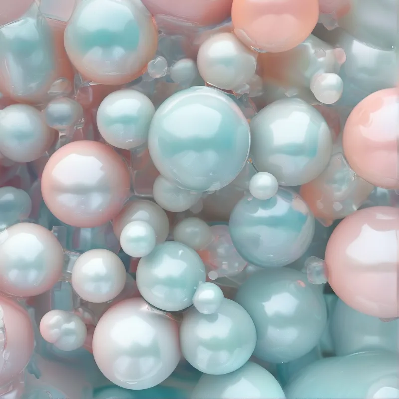 A dense cluster of glossy pearlescent spheres in soft mint green and blush pink tones.