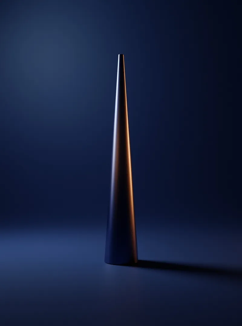 A matte dark cone stands on a midnight blue set with its edge traced by a single warm sliver of light