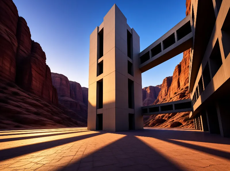 A geometric concrete building stands amidst red rock formations while warm light casts long shadows across paved ground.