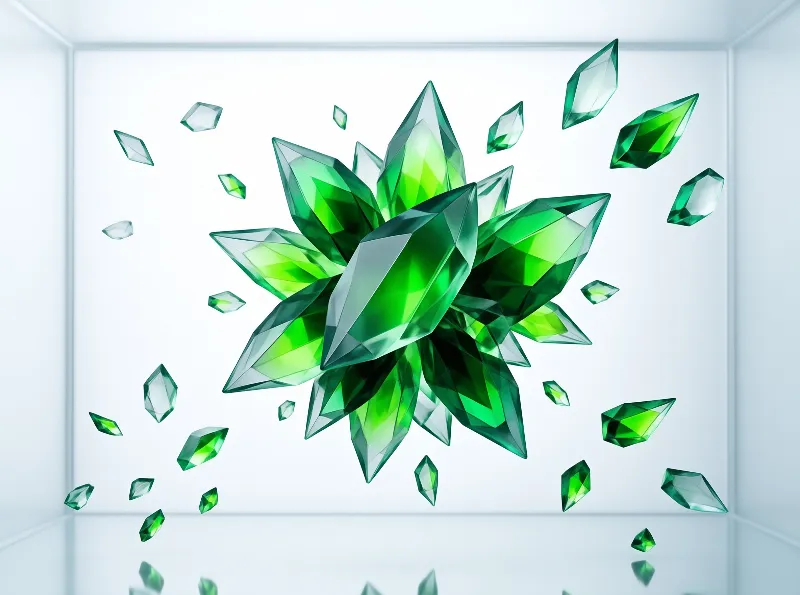 Faceted green crystal fragments hang weightless around a dense cluster inside a bright white gallery box.