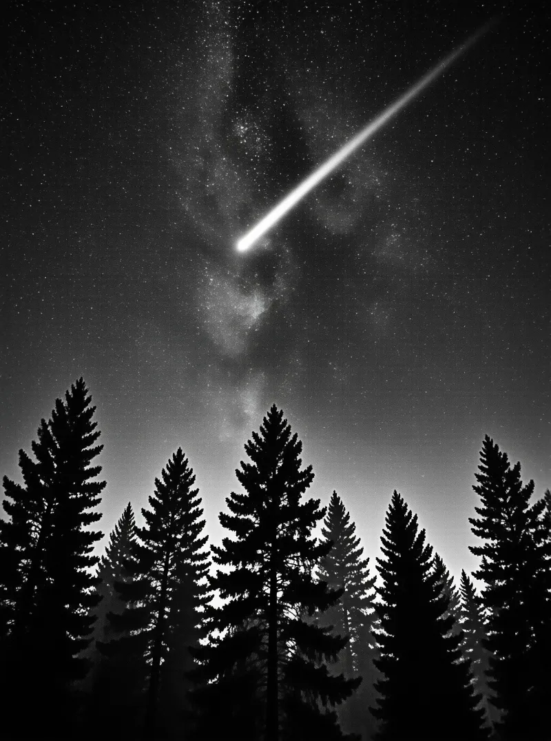 A bright meteor streaks diagonally across a starry night sky above a line of silhouetted evergreen trees.
