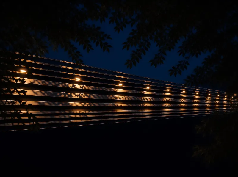 Rows of pale slats run along a long building at dusk, broken by small warm lights and the shadows of overhanging leaves.
