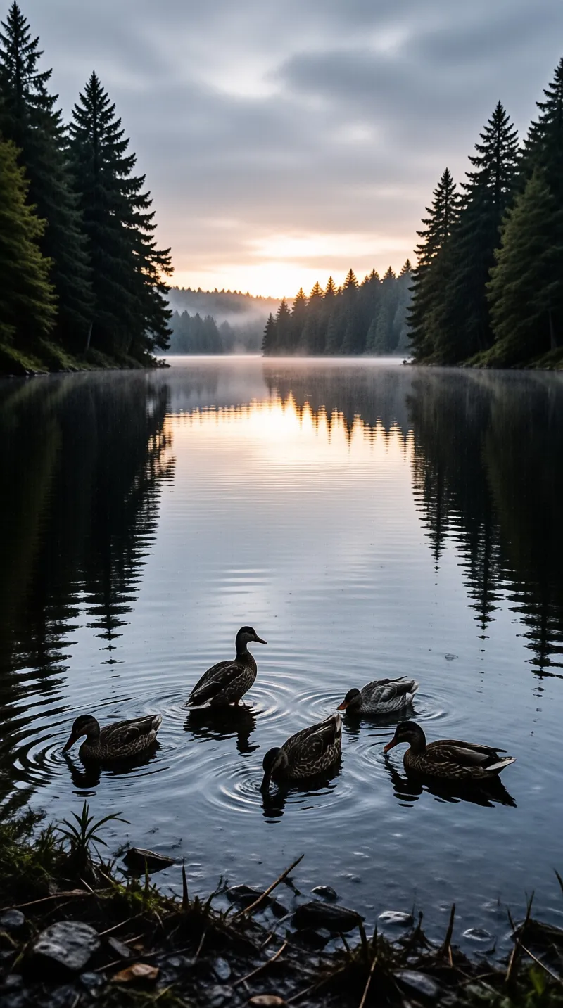 Five ducks swim on a still lake surrounded by dark evergreen trees as the morning sun glows warmly at the horizon.