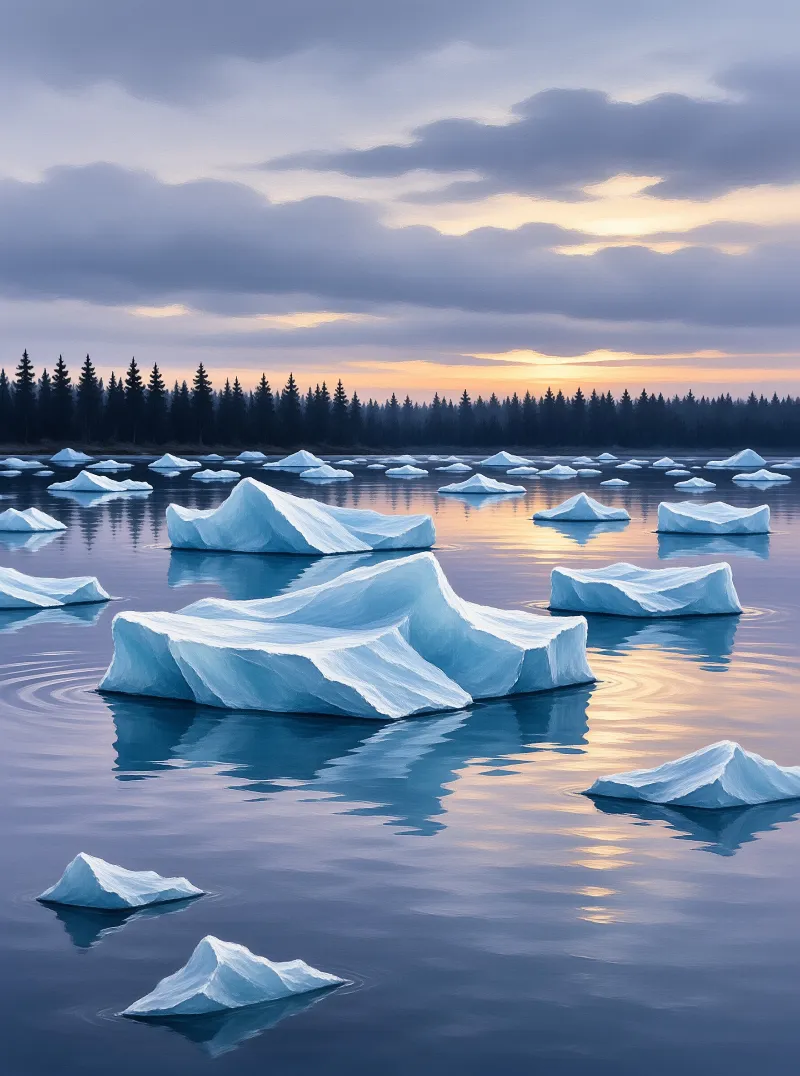 Blue icebergs drift on a calm dark lake with a distant forest silhouette beneath a cloudy sky with warm sunset hues.