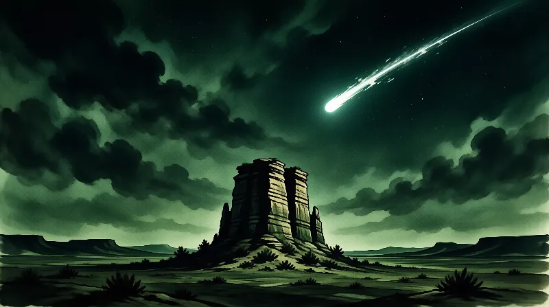 A towering rock spire rises from a flat desert landscape beneath a cloudy green sky streaked by a bright meteor.
