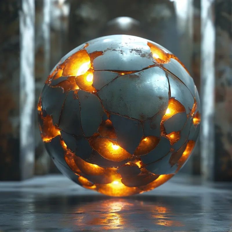 A cracked sphere rests on a reflective floor, emitting warm orange light from within its dark fragmented outer shell.