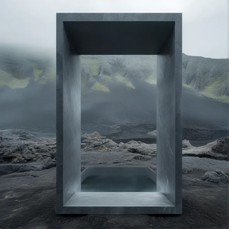 A thick dark stone rectangular frame sits in a foggy volcanic rocky landscape under pale overcast light, revealing the misty moody terrain behind it