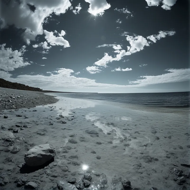 A wide view of a wet sandy beach scattered with rocks under a bright sky filled with dramatic clouds