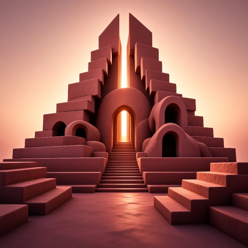 Symmetrical reddish structure rises against a pink sky, featuring a central staircase leading to a bright doorway.
