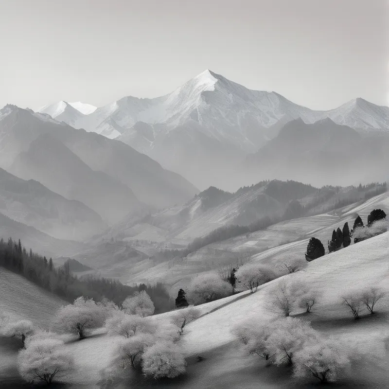 Black and white view of snow capped mountains looming over a valley filled with frost covered trees and mist.
