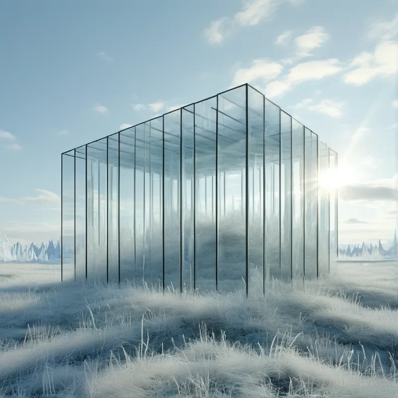 A large transparent rectangular structure framed by black lines stands isolated in a vast field of white frosted grass beneath a bright blue sky with strong sunlight streaming from the right horizon.