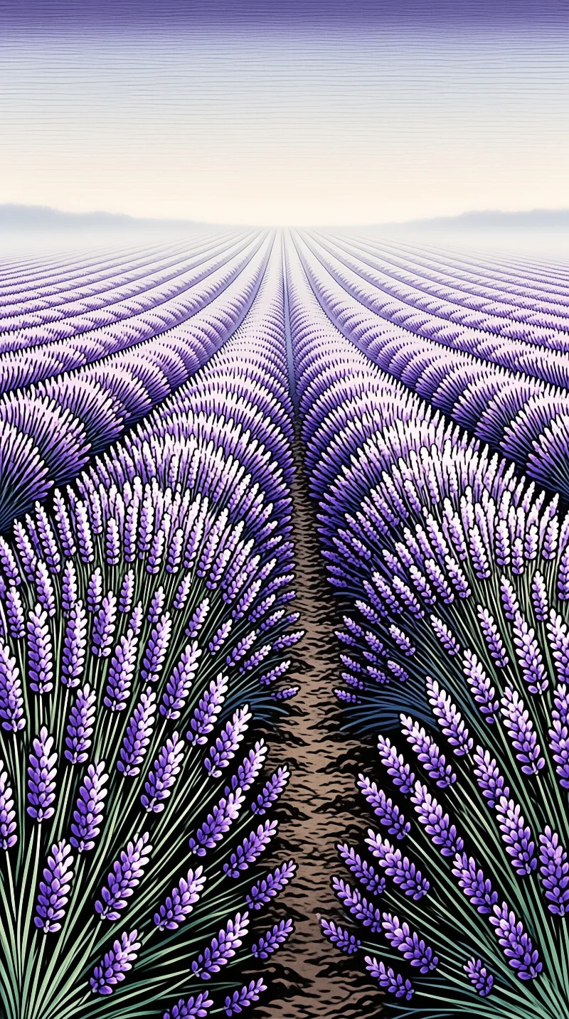 A wide perspective of purple lavender rows creating symmetrical leading lines toward a soft sunrise horizon.