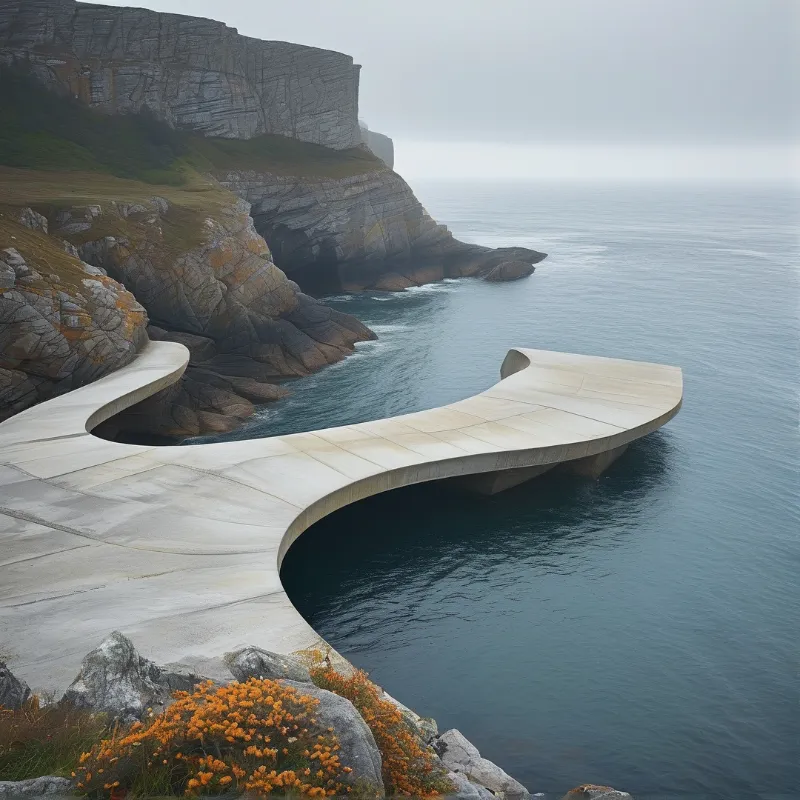 A long smooth concrete structure curves out over dark blue water near rocky cliffs under a grey sky.