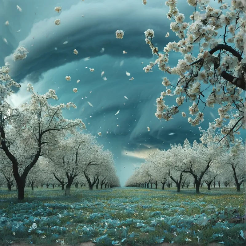 Flowering orchard trees stand in rows under a moody teal sky with petals drifting through the air.
