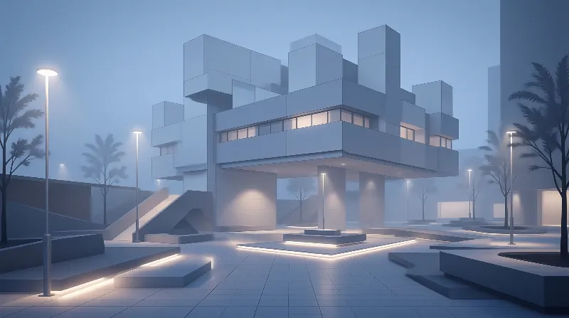 Modern Geometric Building at Dusk