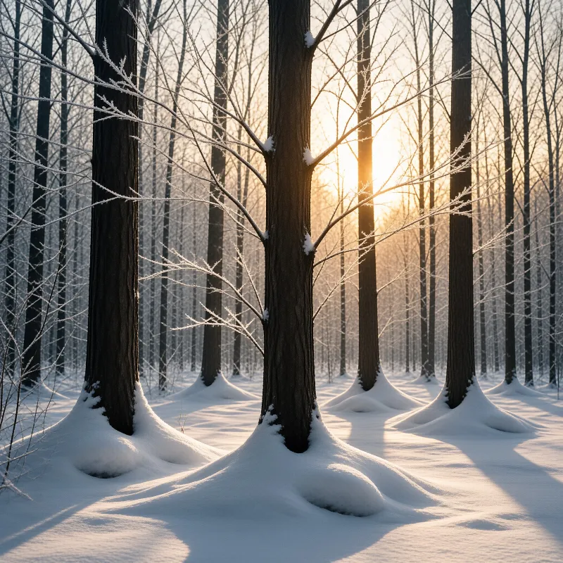 Dark vertical tree trunks rise from a thick blanket of white snow while warm sunlight filters through the branches behind them.